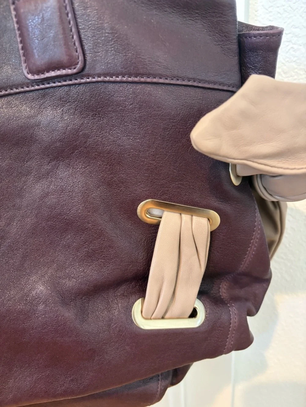 Structured Leather Tote in Plum with Beige Accents